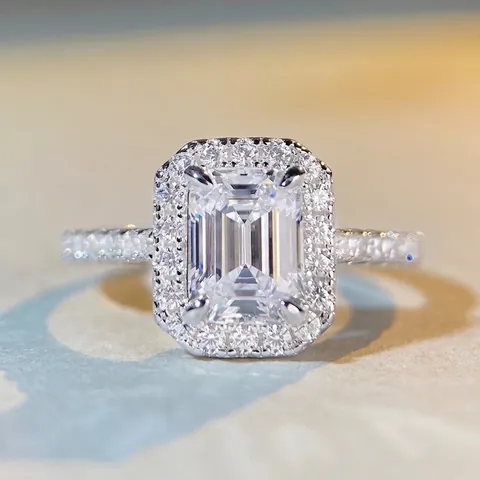 Anillo Halo Talla Esmeralda Plata De Ley 925 Circonita Elegante Rectangular Brillante Joyas De Compromiso Para Mujeres