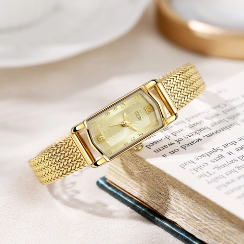 Women Quartz Wrist Watch Stainless Steel Milanese Mesh Strap Rectangular Dial Waterproof Retro Elegant Fashion Ladies