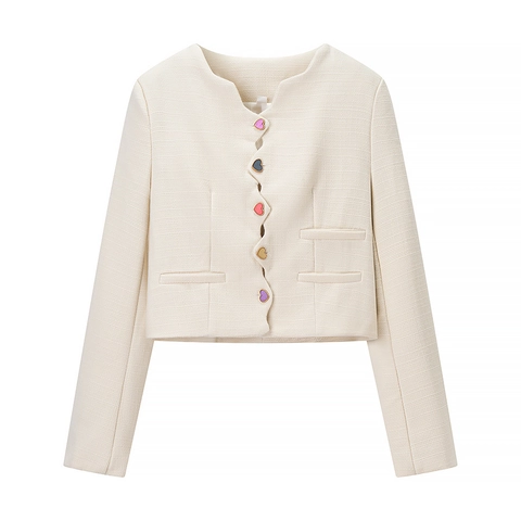 Women French Style Tweed Jacket Colorful Heart Buttons Wavy Trim Short Coat Vintage Elegant Cream Long Sleeve Outerwear