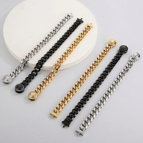 Heren Titanium Stalen Cubaanse Schakelarmband Mode Punk Geometrische Zware Metalen Sieraden Rhinestone Ronde Sluiting
