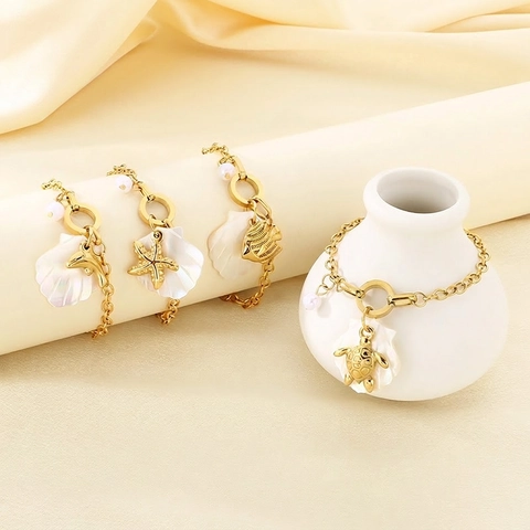 Bracciale Oceano Acciaio Inossidabile Oro Con Conchiglia Perla Artificial Tartaruga Delfino Stella Marina Gioielli Vacanza Donne