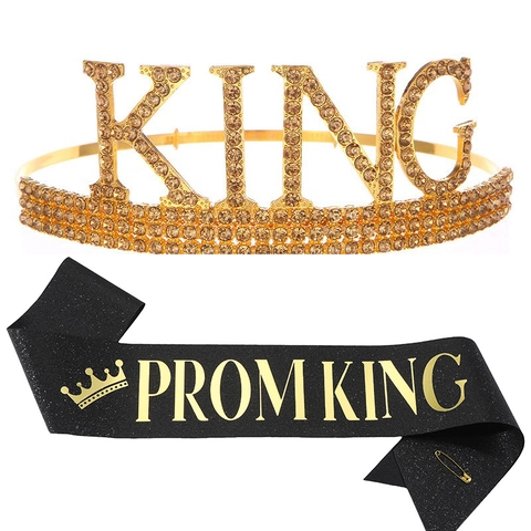 Prom King Crown And Sash Alloy Rhinestone Tiara Glitter Fabric Shoulder Strap Men Party Decorations Graduation Gift