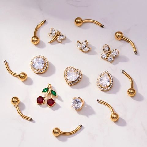Stainless Steel Belly Button Ring Zircon Inlaid Butterfly Heart Cherry Shape Navel Piercing Jewelry Women Y2K Exquisite Body Jewelry