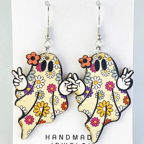 Orecchini Halloween In Legno Fantasma Zucca Motivo Floreale Boho Vintage Gioielli Per Donne