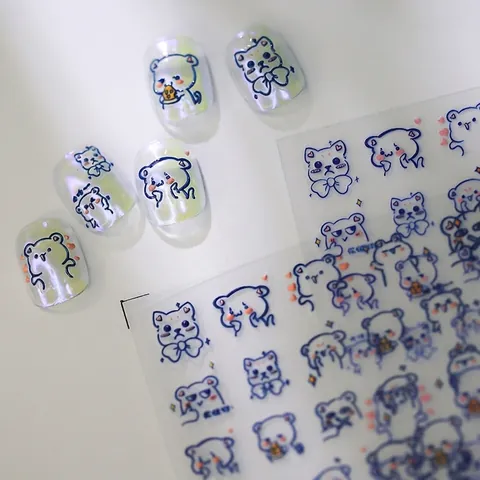 Adesivi Per Unghie 3D Rilievo Autoadesivi Simpatico Orso Cartone Animato Contorno Blu Decorazione Manicure DIY