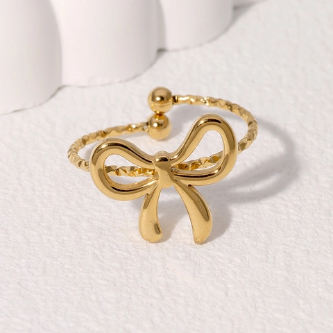 Schleife Offener Ring Edelstahl 18K Vergoldet Verstellbar Gedrehtes Band Minimalistisch Süß Modeschmuck Für Damen
