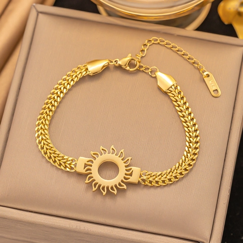 Fashion Gold Plated Stainless Steel Double Layer Bracelet For Women Morse Code Zirconia Sun Sunflower Pendant Jewelry