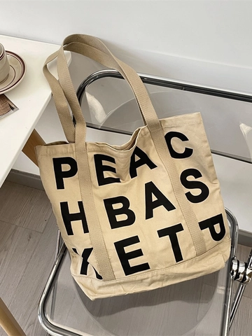 Women Canvas Tote Bag Large Capacity Letter Print Casual Shoulder Handbag Retro Street Style Khaki
