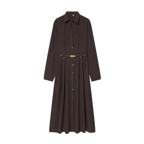 Langarm Hemdblusenkleid Für Damen Mit Gürtel Kaffeefarbe Polyester Revers Midi Elegant Büro Dame