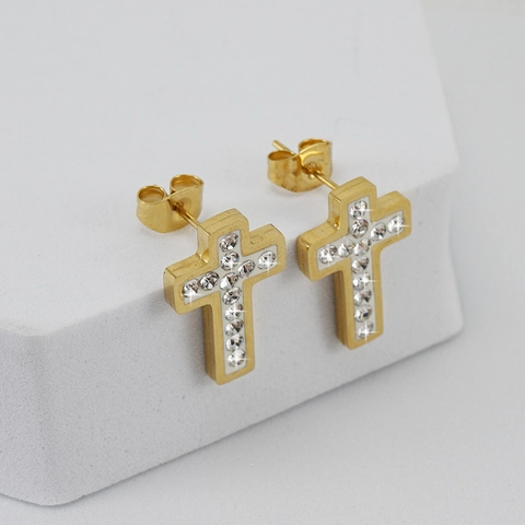 Stainless Steel Cross Stud Earrings 18K Gold Plated Rhinestone Hollow Out Religious Fashion Jewelry For Women