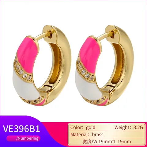 Geometric Hoop Earrings Brass Gold Plated Color Block Enamel Cubic Zirconia Inlaid Jewelry For Women