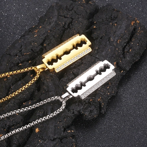 Hip Hop Razor Blade Pendant Necklace Stainless Steel Iced Out Rhinestone Punk Rock Streetwear Jewelry For Men