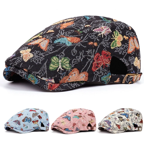 Butterfly Jacquard Ivy Cap Vintage Cotton Adjustable Beret Hat For Women Fashion Retro Style