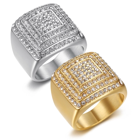 Men Hip Hop Ring Stainless Steel Gold Plated Square Multi Layer Iced Out Zircon Luxury Punk Jewelry Gift