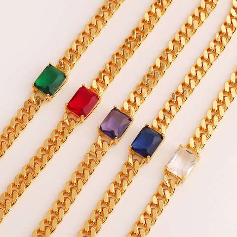 Elegant Women Bracelet Rectangular Cubic Zirconia 18K Gold Plated Brass Adjustable Cuban Link Chain Geometric Style