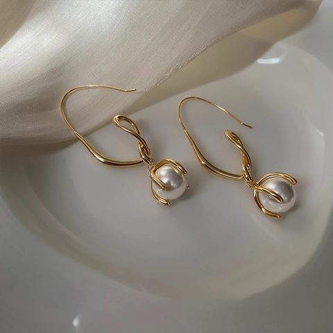 Pendientes Colgantes De Perlas Artificiales Retro Francesas Cobre Chapado En Oro Geométrico Circón Gancho Elegante Joyería Para Mujer