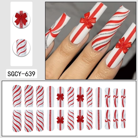 Christmas Press On Nails Extra Long Square Red White Stripes Silver Glitter 3D Resin Bow Holiday Party Nails For Women