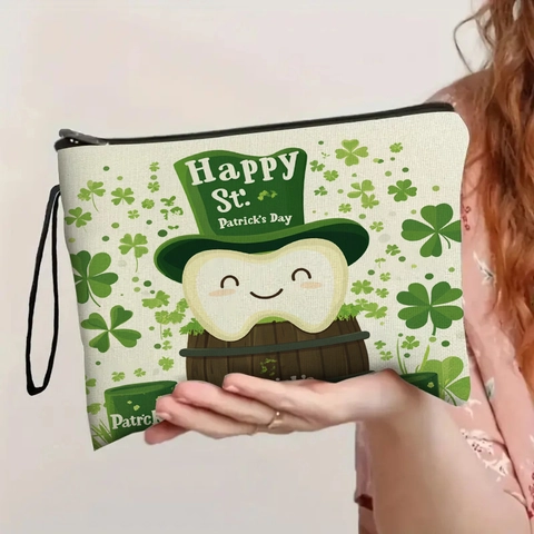 Borsa Per Trucco San Patrizio In Lino Pochette Cosmetica Con Cerniera E Cinturino Da Polso Stampa Trifoglio Organizzatore