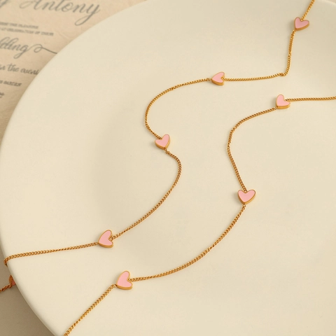 Edelstahl Herz Halskette Gold Plattiert Rosa Emaille Zierliche Mehrere Herz Anhänger Schlüsselbein Kette Schmuck Damen