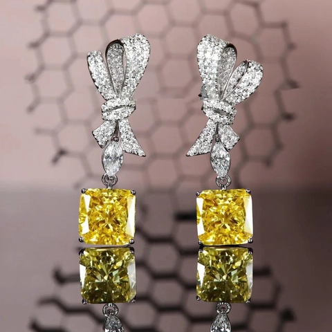Strik Drop Oorbellen Koper Met Radiant Geslepen Vierkante Zirkoon In Roze Of Geel Luxe Zoet Elegante Sieraden Dames