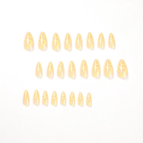 Lange Amandel Stiletto Press On Nagels Gele Krul Abstract Golfpatroon Kunstmatige Valse Nagels Voor Dames