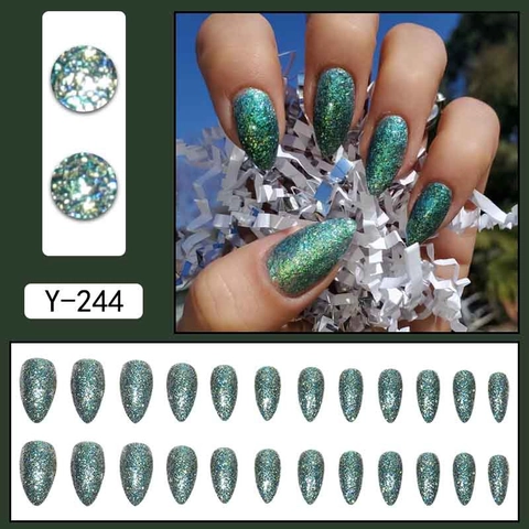 Uñas Postizas Press On Largas Almendras Stiletto Brillo Degradado Holográfico Verde Resplandeciente Manicura Para Mujeres Diario Fiesta