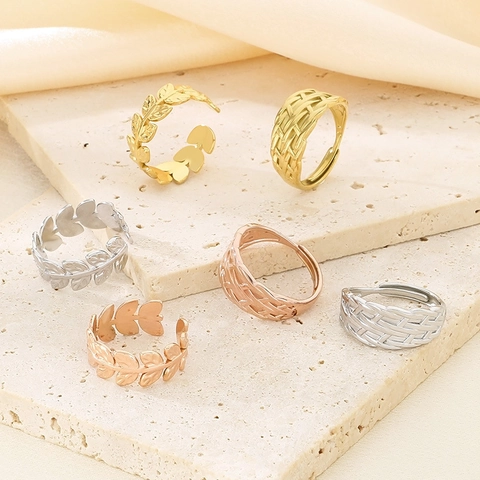 Vintage Stainless Steel Open Rings For Women Woven Braided Olive Leaf Adjustable Textured Band Ring Fashion Jewelry