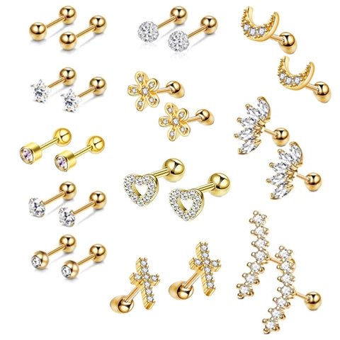 Stainless Steel Zirconia Stud Earrings Set For Women Piercing Cartilage Earrings Heart Moon Star Shape Jewelry