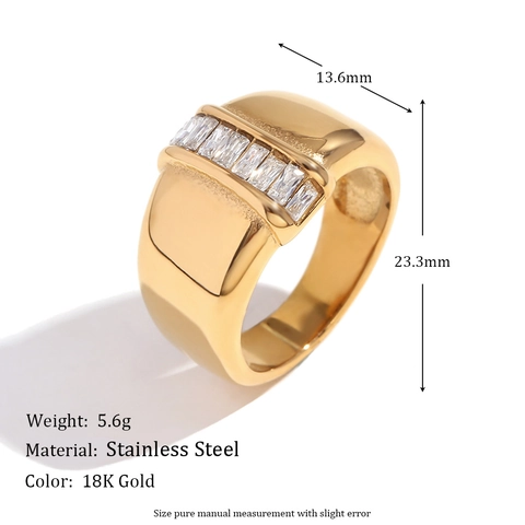 Anillo De Banda Ancha Con Zirconia Baguette Acero Inoxidable Chapado En Oro De 18K Joyería De Moda Estilo INS Para Mujeres