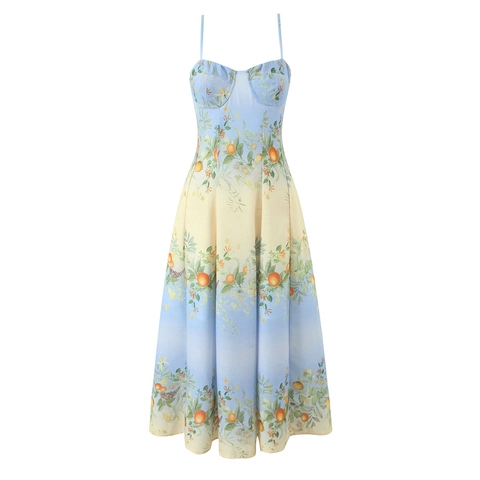 Bohemian Maxi Kleid Ärmellos V Ausschnitt Spaghettiträger Farbverlauf Orange Zitrus Druck Sommer Urlaub Strand Langes Kleid Damen