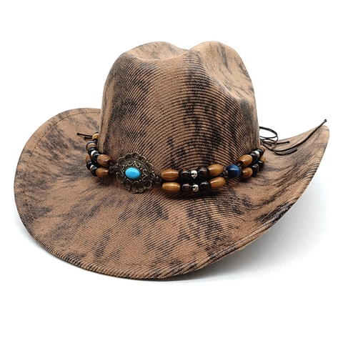 Cappello Da Cowboy Western Vintage Poliestere Motivo Serpente Perline In Legno Turchese Stile Etnico Fedora