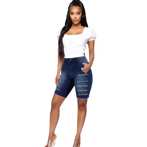 Damen Distressed Denim Bermuda Shorts Zerrissene Löcher Rohsaum Hoher Stretch Baumwolle Viskose Lässig Skinny Dunkelblau
