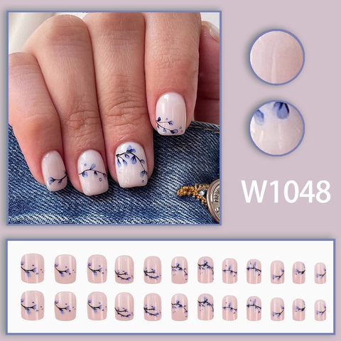 Press On Nails Blaues Blumenmuster Hellrosa Kurz Quadratisch Rund Künstliche Falsche Nägel Mit Kleber