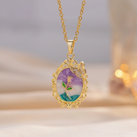 Vintage French Style Rose Flower Oval Enamel Pendant Necklace With Butterfly Zircon Titanium Steel For Women
