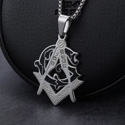 Freemasonry Pendant Necklace 316L Stainless Steel Black Enamel Rhinestone Vintage Masonic Square And Compass For Men