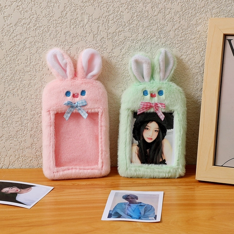 Porte-Carte Photo Peluche Oreille De Lapin Porte-Clés Style Coréen Mignon Étui À Cartes En Fausse Fourrure Douce Avec Fenêtre Transparente