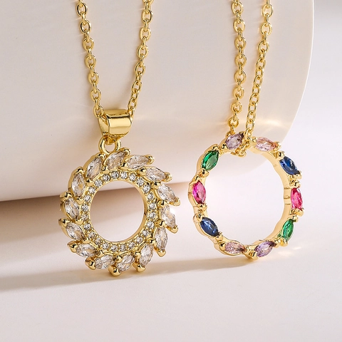 Round Geometric Pendant Necklace Copper Gold Plated Colorful Zircon Inlay Chic Luxury Fashion Jewelry For Women