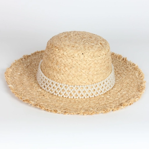 Raffia Straw Boater Hat Flat Top Wide Brim Frayed Edge Artificial Pearl Band Summer Beach Vacation For Women