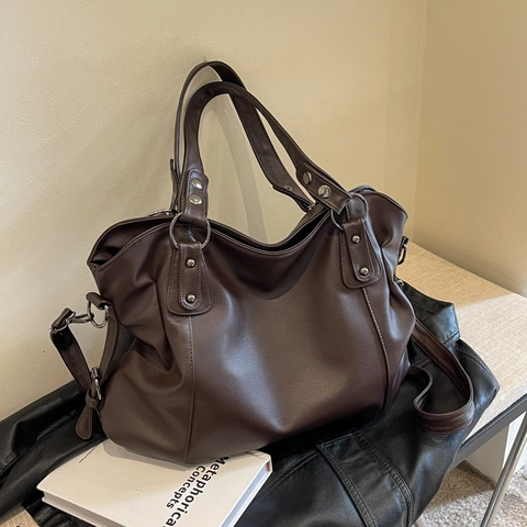 Große Damen Tragetasche PU Leder Retro Einfache Handtasche Mit Nietendekor Und Verstellbarem Schultergurt