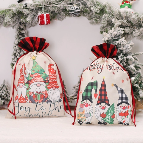 Christmas Drawstring Gift Bags Burlap Linen Sack Forest Gnome Buffalo Plaid Large Holiday Party Decoration Candy Bag