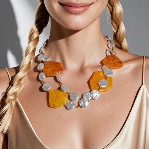 Vintage Bohemian Double Layer Necklace For Women Irregular Resin Stone And Artificial Pearl Chunky Chain Statement Jewelry