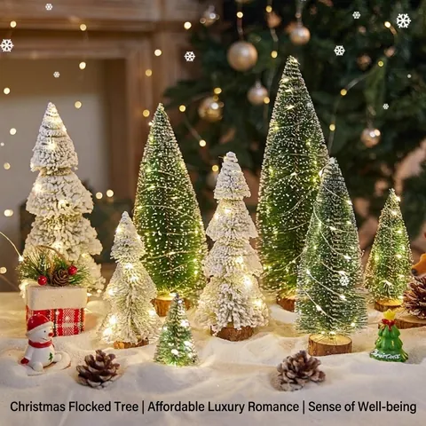 Mini Gevlokte Kerstboom Tafeldecoratie Met LED Warm Licht Houten Basis Kleine Kunstmatige Sneeuw Frosted Dennennaald Boom Tafel Decor