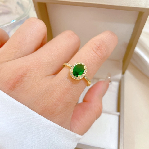 Anello Aperto Regolabile Halo In Zircone Verde Ovale Vintage Ottone Placcato Oro Gioielli Eleganti Regalo Per Donne