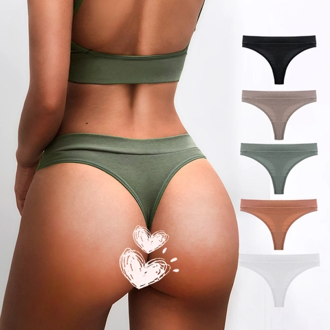 Women Sexy Thong Underwear Ribbed Cotton Blend Breathable Low Waist Elastic Wide Waistband Minimalist Solid Color Panties