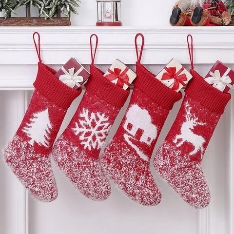 Christmas Stockings Wool Knit Faux Mink Fur Hanging Gift Bag Holiday Tree Mantle Decorations Festive Reindeer Snowflake Patterns