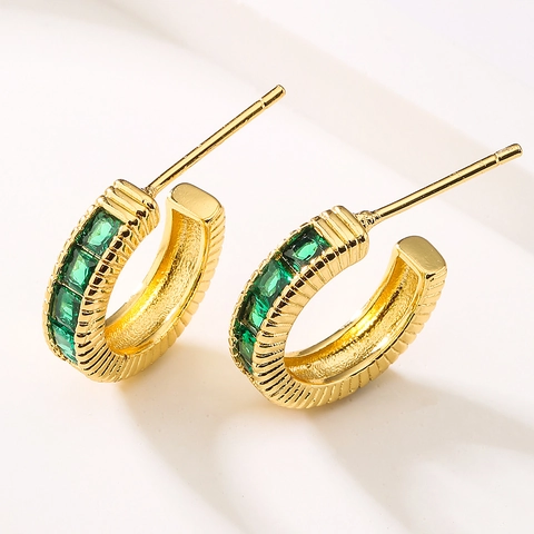 C-Vorm Hoop Oorbellen Koper 18K Verguld Getextureerd Vierkante Zirkonia Retro Geometrische Sieraden Voor Dames