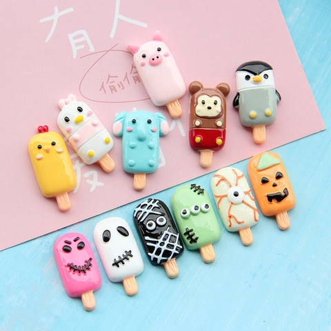 Resin Popsicle Ice Lolly Charms Cartoon Animal Halloween Pumpkin Ghost Flatback For DIY Phone Case Jewelry Making