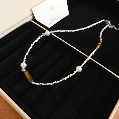 Tigerauge Imitationsperle Künstliche Perlenkette Für Damen Böhmischer Ethno-Stil Silberfarbene Legierung Schlüsselbein Kette Schmuck