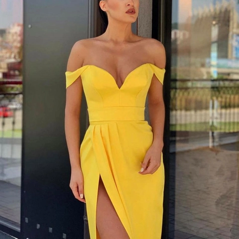 Sexy Off-Shoulder V-Ausschnitt Abendkleid Hoher Schlitz Ärmellos Bodenlang Elegantes Partykleid Für Damen