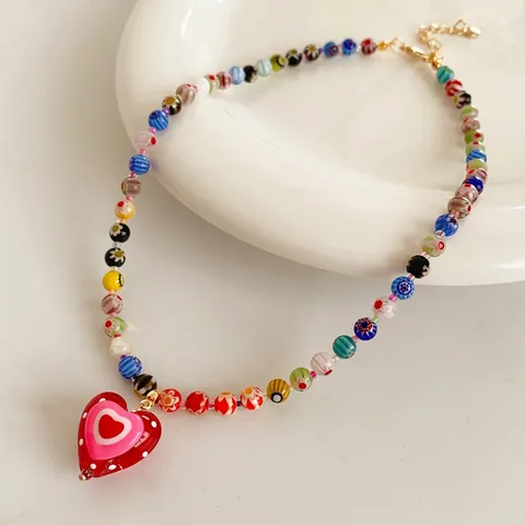 Collar De Cuentas De Vidrio Millefiori Con Colgante De Corazón De Resina Roja Joyería Bohemia Hecha A Mano